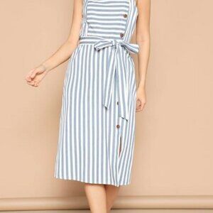 Shein Dress White Blue Striped Button Through Side Pockets Belted Womens XS